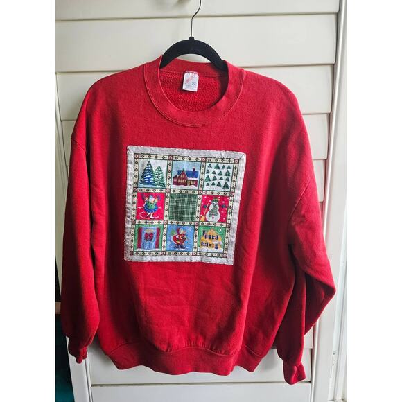 VINTAGE Red Crewneck Christmas Sweatshirt Snowman & Christmas Scene Plus Size 2X - Picture 1 of 10